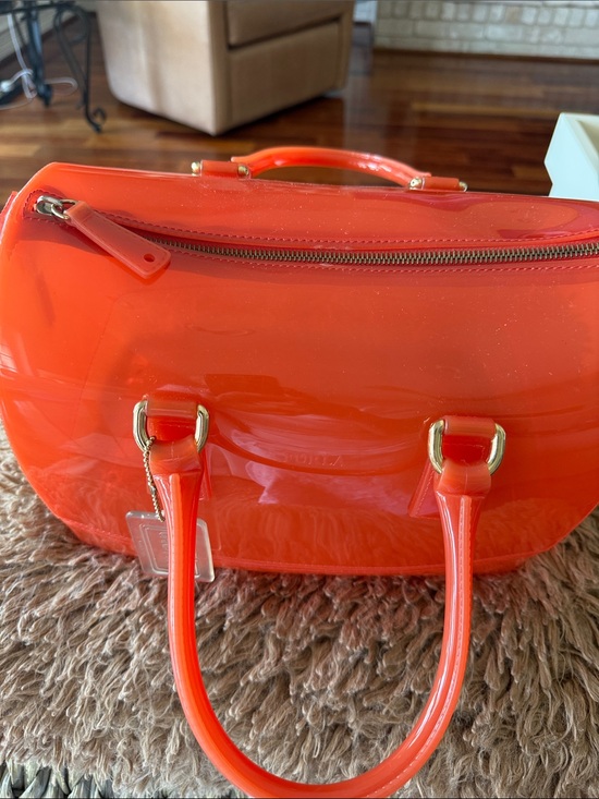 Furla Handbags - Furla Glossy Orange Patent Dome Satchel